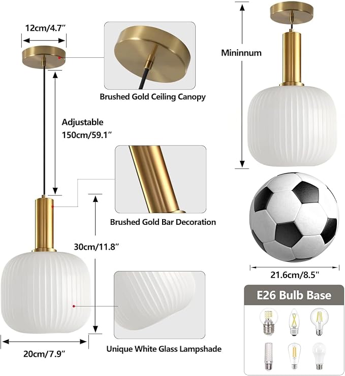 KCO Lighting Milk Glass Pendant Light White Ribbed Glass Pendant Lighting - Image 2