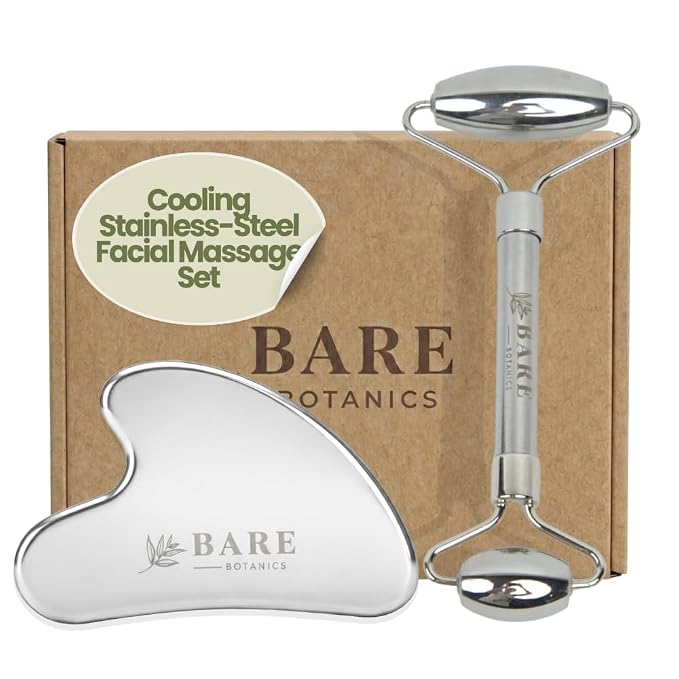 Bare Botanics Stainless Steel Gua Sha & Face Roller Set | Dual Facial Tools by BareBotanics