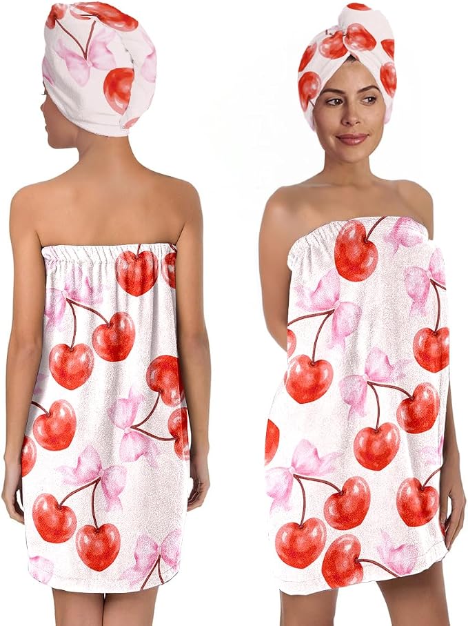 Women's Cherry Bow Towel Wrap and Hair Drying Cap Set – Pink Microfiber Shower by QIULIBMH