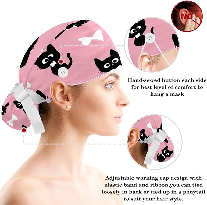 Scrub Caps Women Ponytail Cute Pink and White Leaves Caps Bouffant Working Hat - Image 3