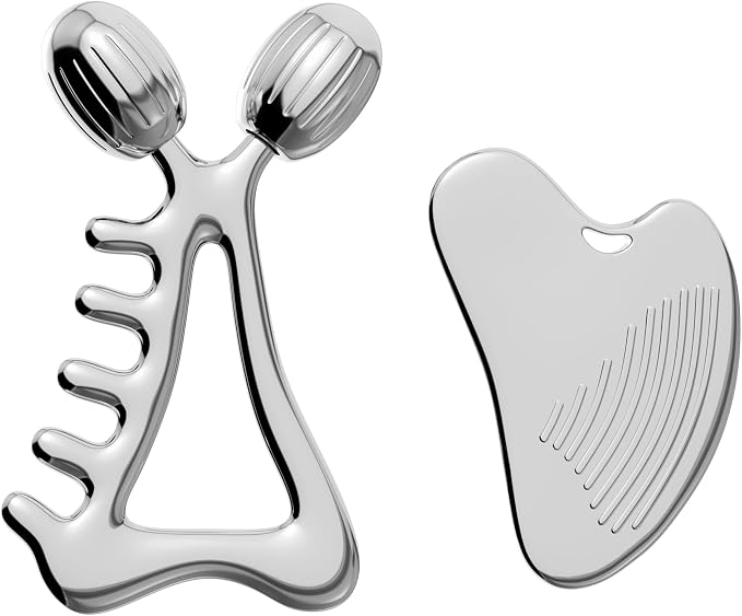 Gua Sha Facial Tools & Face Roller Set, Stainless Steel Facial Massager Tools by Yeamon