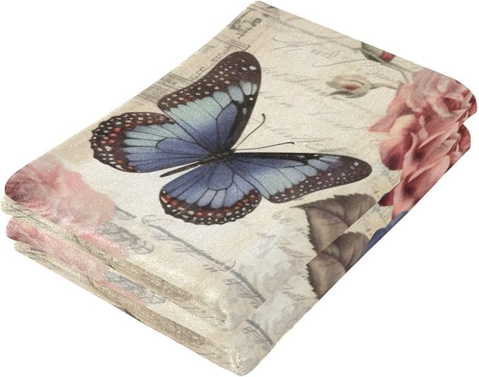 Vintage Pink Blue Rose Floral Butterfly Hand Towels - Image 7