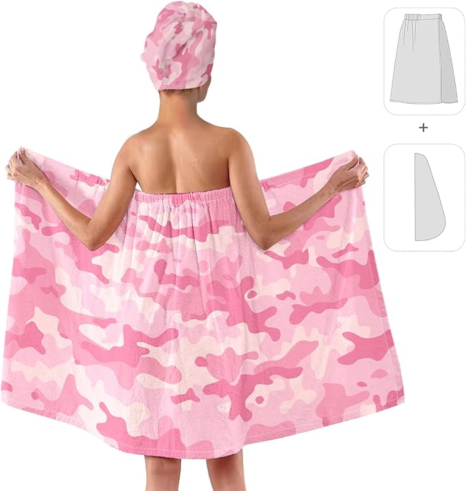 Women's Pink Camo Towel Wrap and Hair Drying Cap Set – Quick Dry Microfiber - Image 2