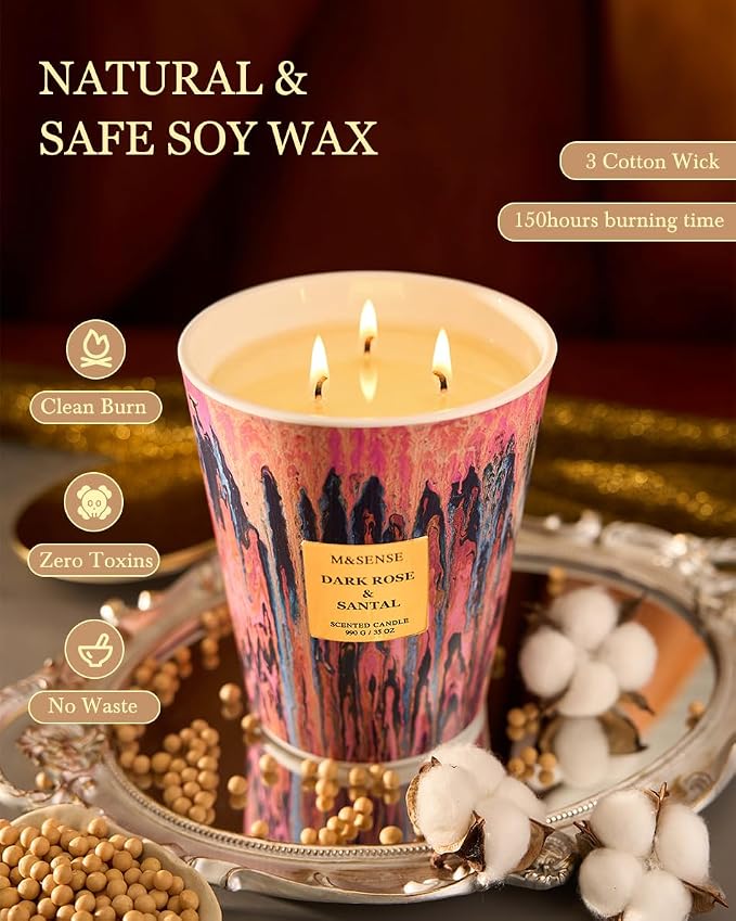 M&SENSE 3-Wick Dark Rose Large Soy Scented Candle, 35oz 150H Non-Toxic Luxury - Image 4