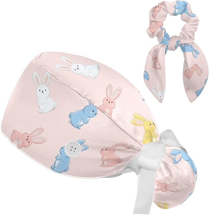 Scrub Caps Women Ponytail Cute Pink and White Leaves Caps Bouffant Working Hat by Unknown