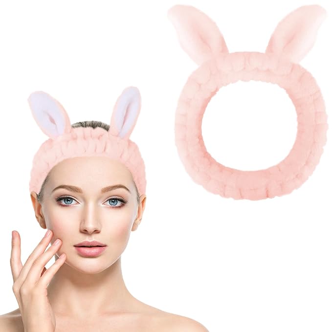 Jowmoy Cute Light Pink Rabbit Ears Headband Frog Eye Elastic to Wash Face - Image 8