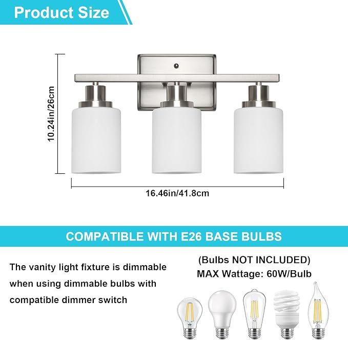 Ascher Bathroom Light Fixtures, 3-Light Vanity Light Over Mirror, Modern - Image 2