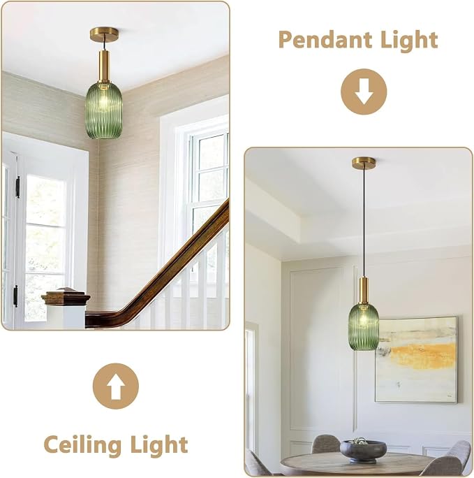 KCO Lighting Green Ribbed Glass Pendant Light Kitchen Island Small Antique - Image 3