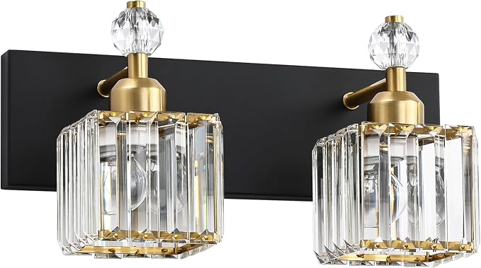 PRESDE Crystal 2 Light Bathroom Vanity Lights Black and Gold Bathroom Lights by HOME