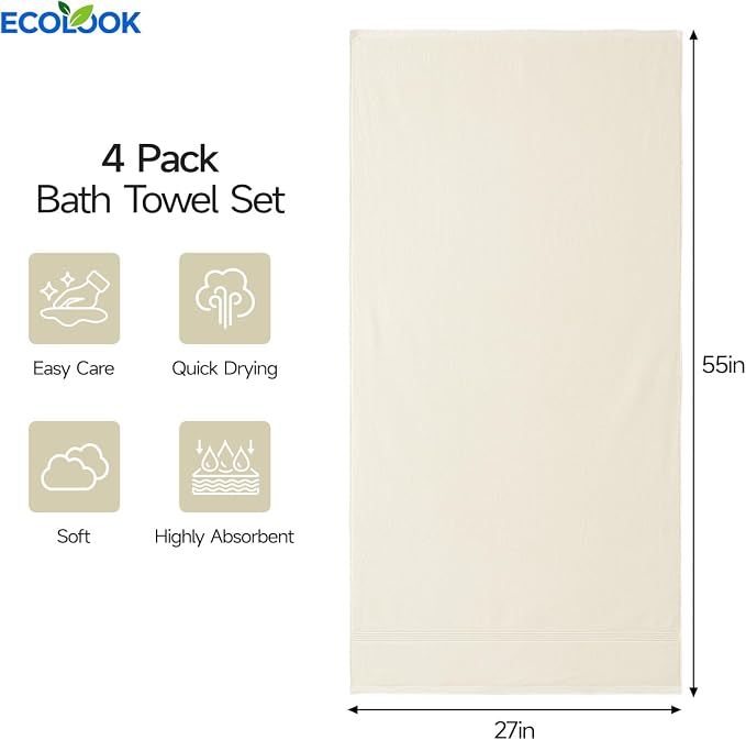 ecolook Bath Towels Set of 4, 100% Cotton, 27 x 55 Inches, Quick-Drying & - Image 3
