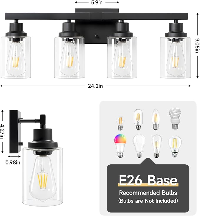 4-Light Bathroom Vanity Light, Modern Matte Black Wall Sconce Lighting - Image 3