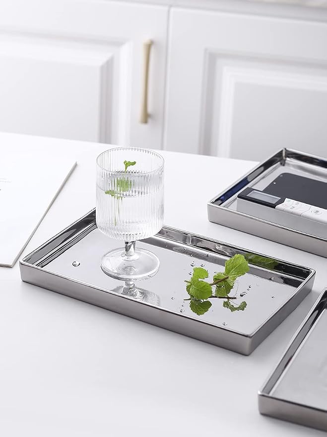 Jewelry Holder Ceramic Trinket Tray Rectangte Vanity Makeup Mirror Tray Silvery - Image 4