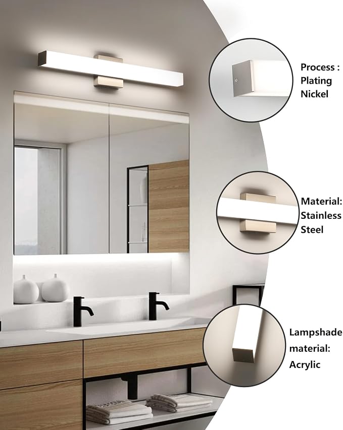 LED Bathroom Vanity Light Fixtures 24in Brushed Nickel, Dimmable18W 4000K - Image 3