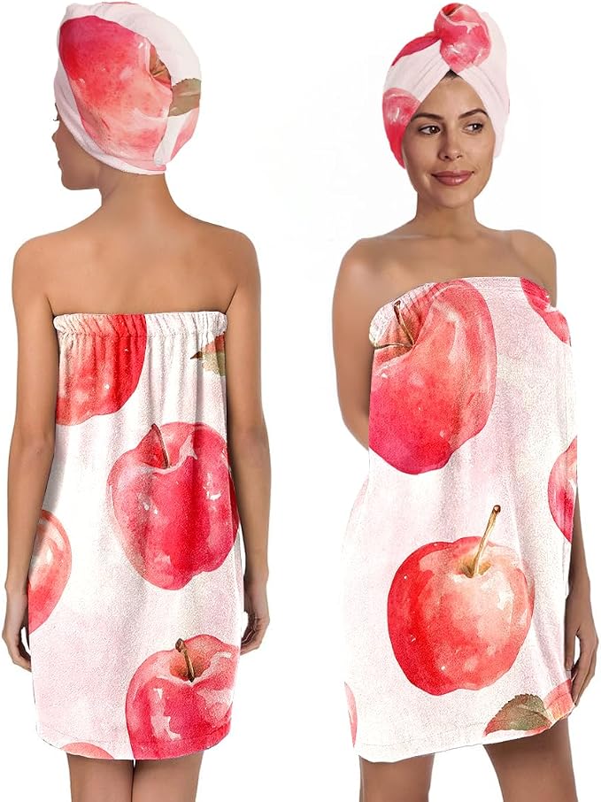 Women’s Watercolor Apple Bath Wrap and Hair Towel Set, Soft Absorbent by QIULIBMH
