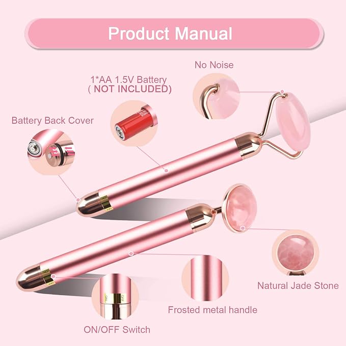 Upgrade 2 in 1 Vibrating Jade Facial Massager Roller, Electric Rose Quartz Eye - Image 6