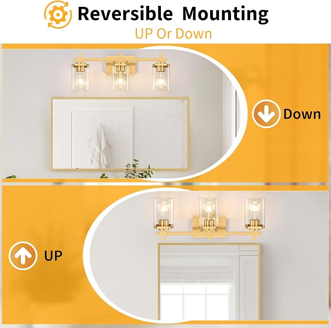 3-Lights Gold Bathroom Light Fixtures, Bathroom Vanity Light Over Mirror - Image 3