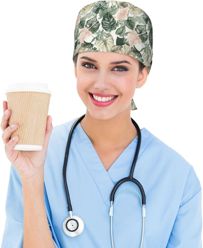 Scrub Cap for Women and Men Boho Black Leaf Pattern Adjustable Breathable - Image 6