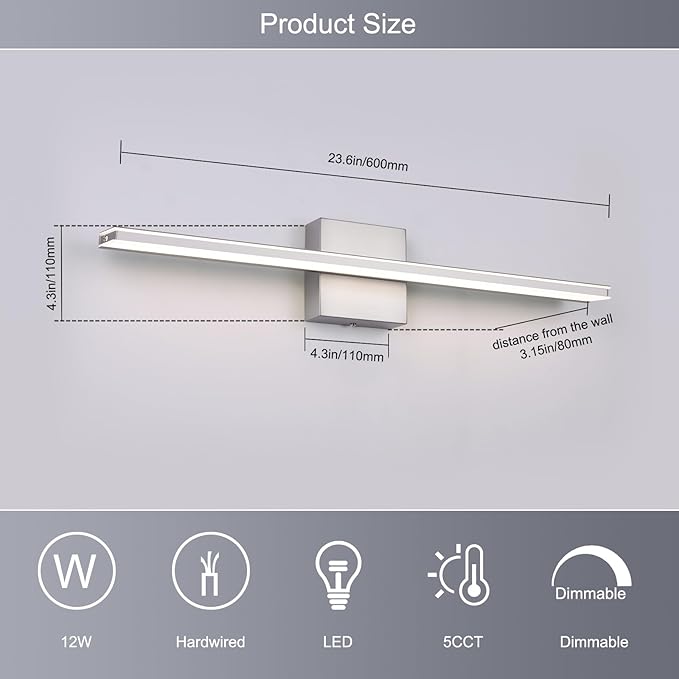 LED Modern Bathroom Light Fixtures 18W Brushed Nickel Vanity Lights Bar 5CCT - Image 5