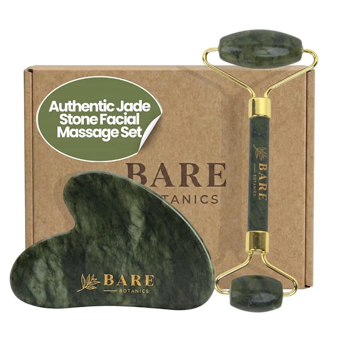 BARE BOTANICS Jade Gua Sha & Face Roller Set | Authentic Jade Facial Tools by BareBotanics