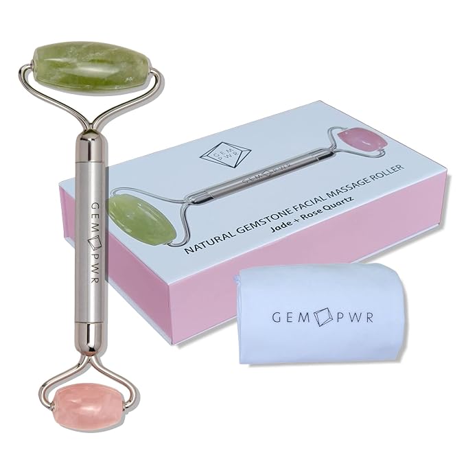 Rose Quartz + Jade Roller for Face and Neck Massage, Dual Gemstones by GEMPWR