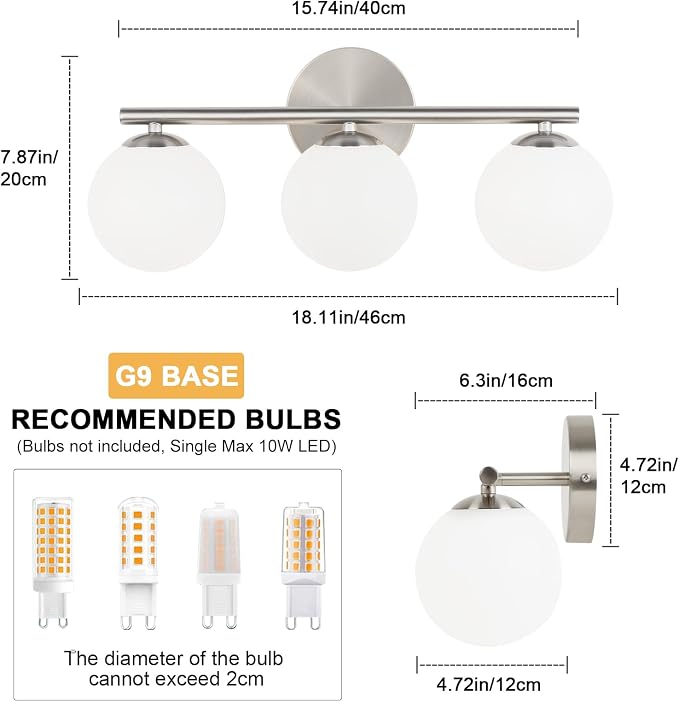 Brushed Nickel Bathroom Light Fixtures 3-Light Globe Vanity Light - Image 5