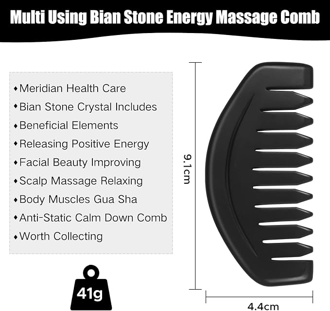 Gua Sha Comb, Natural Sibin Bian Stone Scalp Massage Comb, Facial GuaSha Tool - Image 2