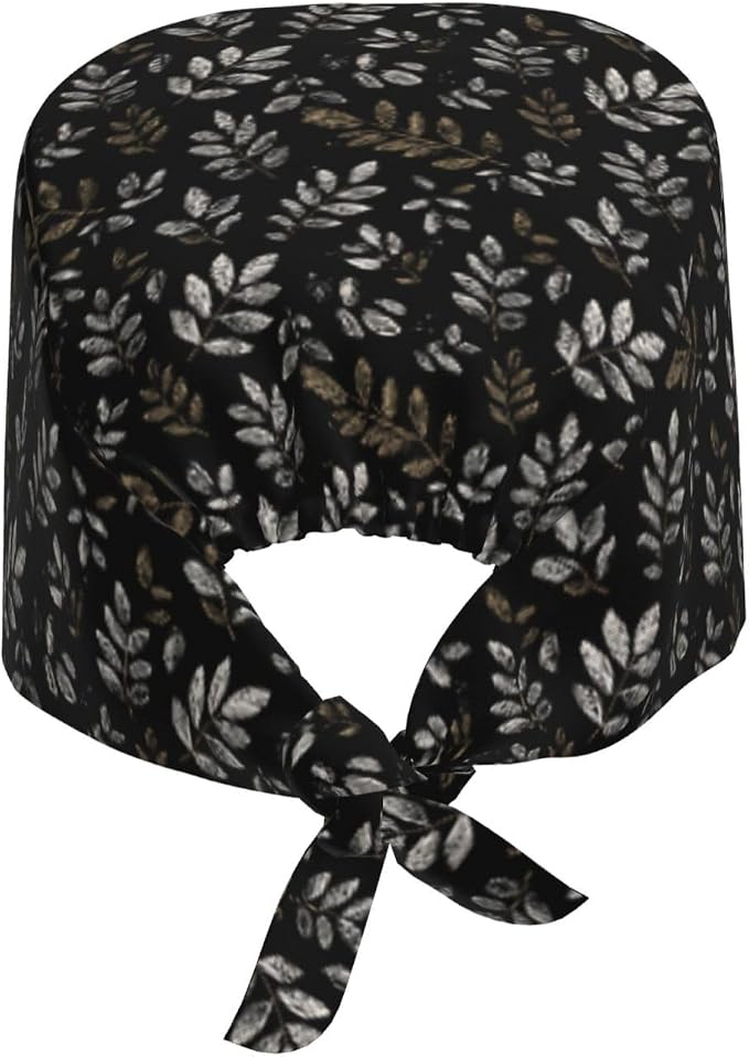 Scrub Cap for Women and Men Boho Black Leaf Pattern Adjustable Breathable - Image 8