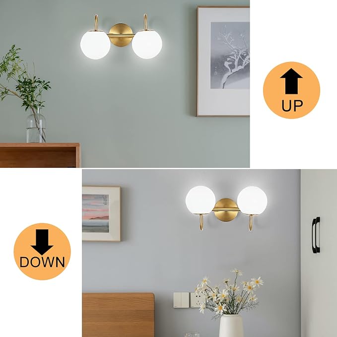 Modern Bathroom Vanity Light Fixtures 2 Lights Brushed Brass Milk White Globe - Image 5