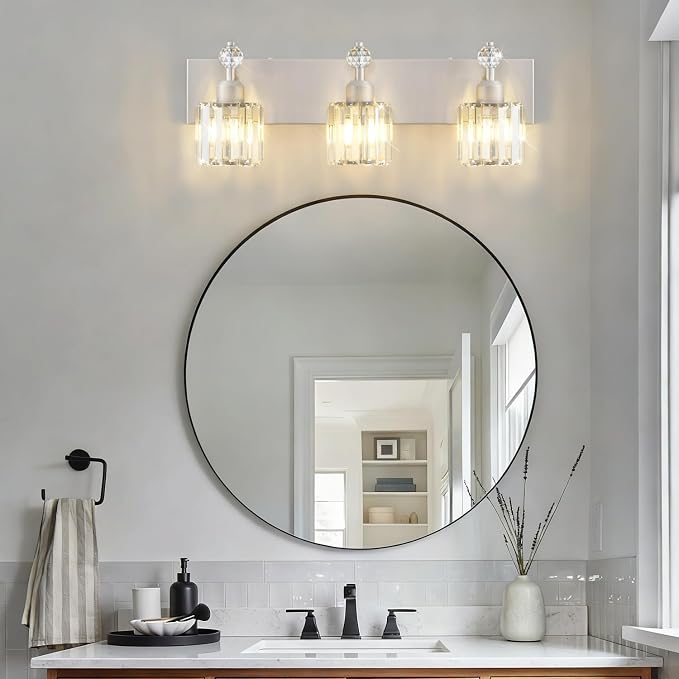 PRESDE 3-Light Crystal Bathroom Vanity Light, Brushed Nickel Bath Lighting Over - Image 7