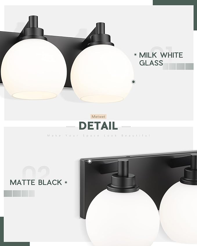 Bathroom Light Fixtures, 4 Light Matte Black Vanity Light, 26 Inch Modern Wall - Image 3