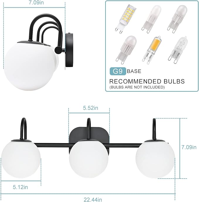 Modern Black Bathroom Vanity Light Fixtures 3 Lights Frame and Milk White Glass - Image 4