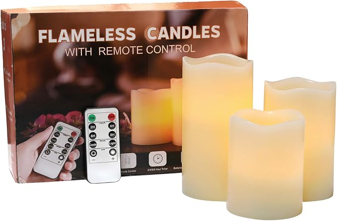 Flameless Flickering LED Battery Candles :Set of 3 Ivory Real Wax Pillar - Image 2