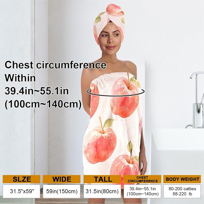 QIULIBMH Women’s Apple Print Bath Wrap and Hair Towel Set, Soft Absorbent - Image 3