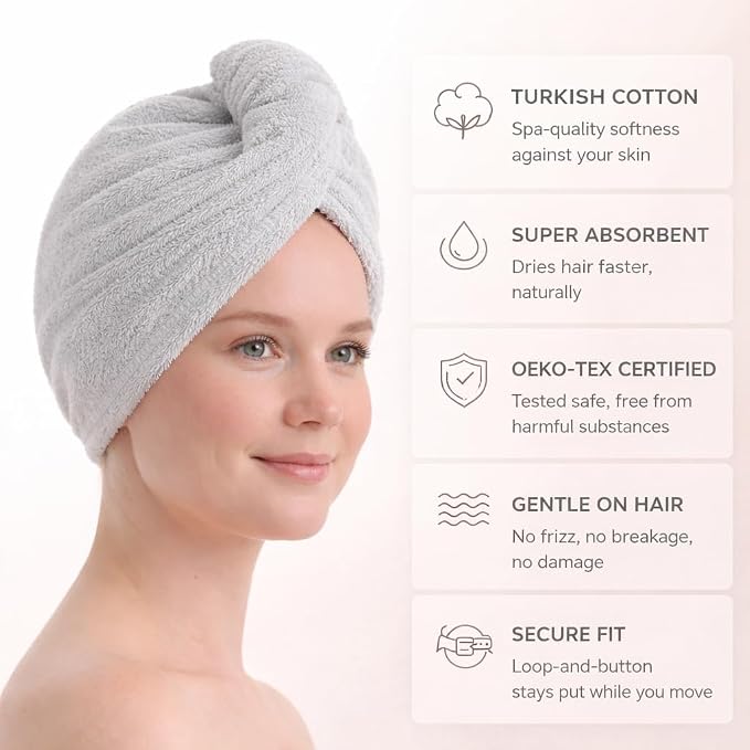 100% Turkish Cotton Hair Towel Wrap 2 Pack – Oeko-TEX Certified Quick Dry Turban - Image 3