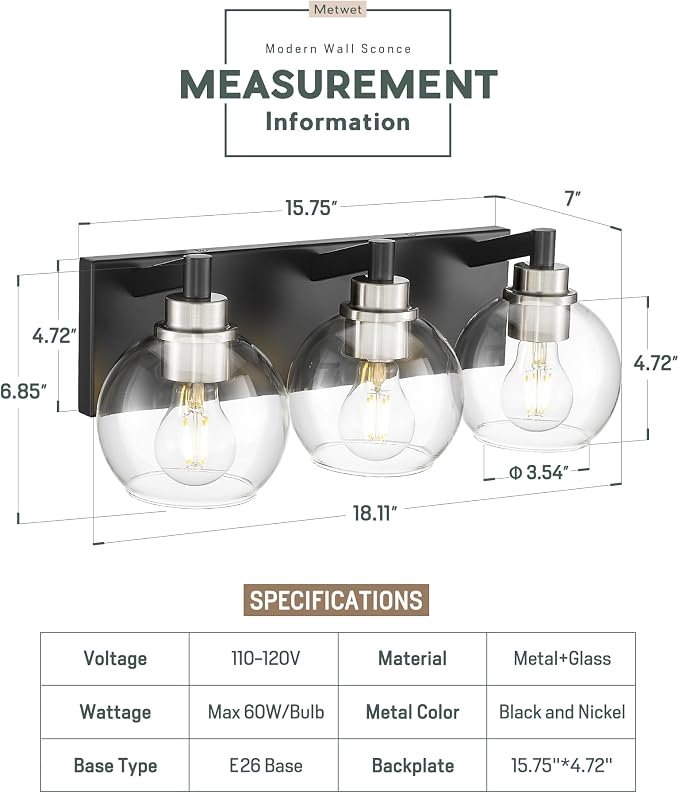 Bathroom Light Fixtures, 3-Light Black and Brushed Nickel Bathroom Vanity Light - Image 3