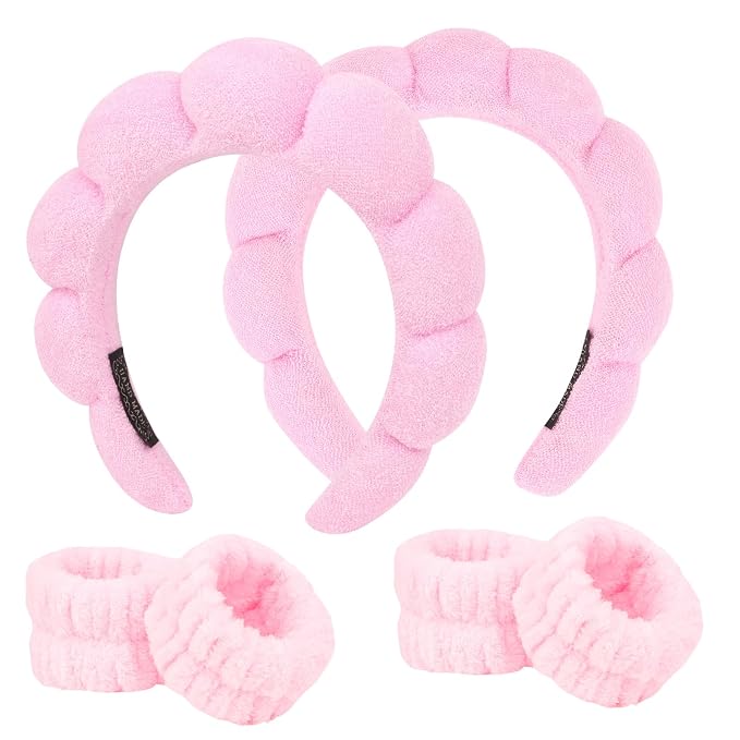 6Pcs Pink Spa Headband and Wrist Washband Set, Skincare Makeup Headband by ACO-UINT
