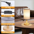 Gray Small Bedside Table Lamp for Bedroom, Natural Round Wood Base&Fabric Linen - Image 5