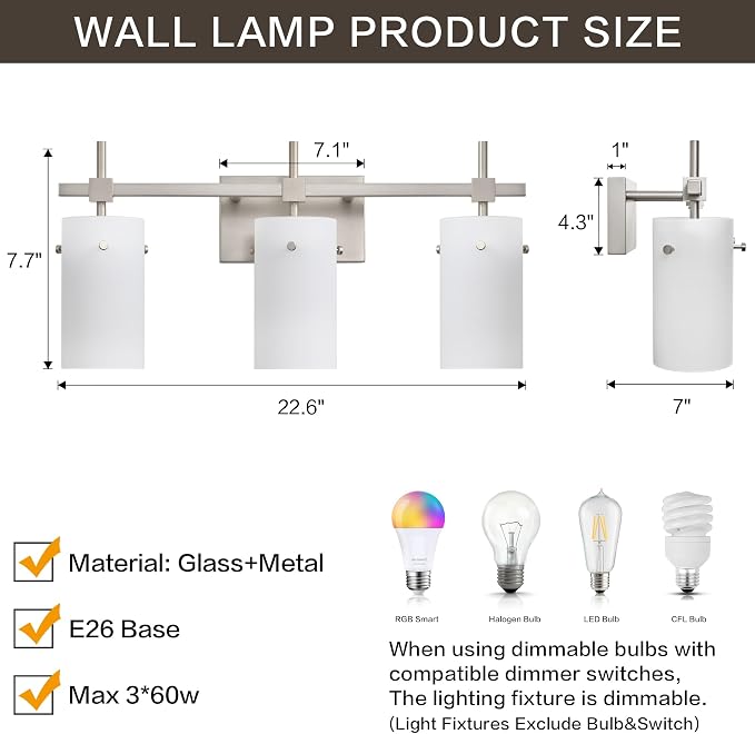 SOLFART Brushed Nickel Bathroom Light Fixtures, 3-Light Modern Vanity Light - Image 9