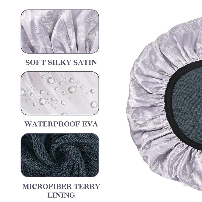 White Butterfly Print Satin Shower Cap, Three-Layer Terry Cloth Lined, - Image 3