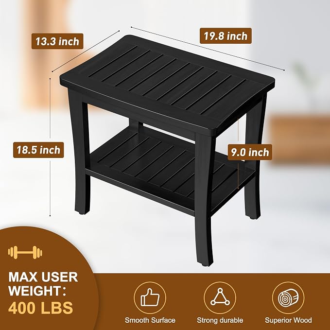 Extra Bamboo Black Shower Bench Stool Waterproof Shower Chair Spa Bath Seat - Image 6