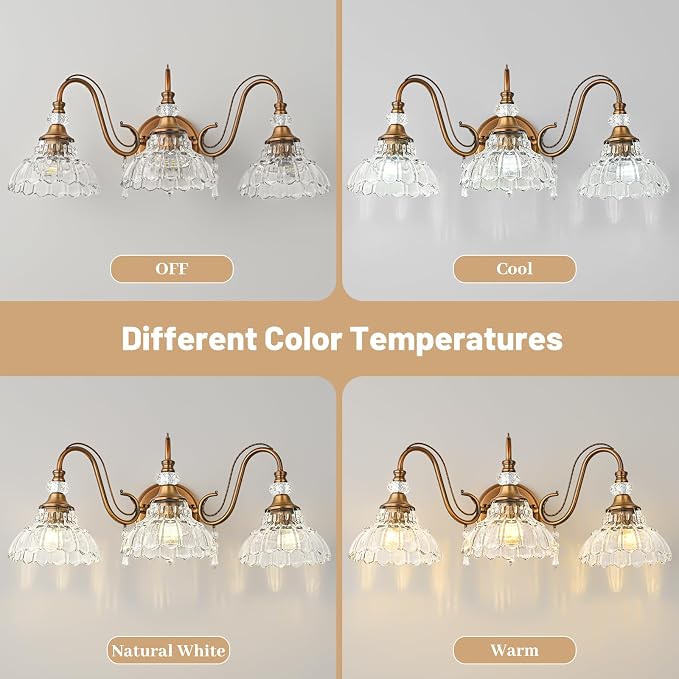 Vintage Bathroom Vanity Light, 3-Light Matte Antique Brass Finish Wall Sconce - Image 8