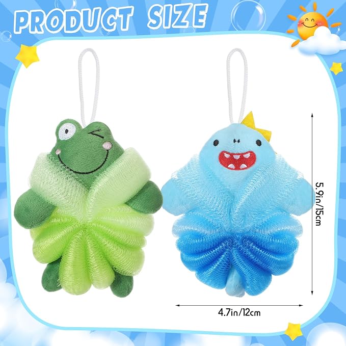Nuenen 2 Pcs Bath Loofahs Kids Toddler Cute Cartoon Bath Sponges Loofah Pouf - Image 2