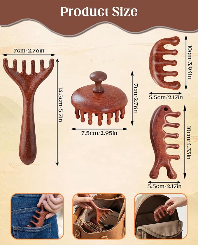 4 Pack Wooden Scalp Massager Comb, Portable Manual Head Massage Brush Tool Hair - Image 2