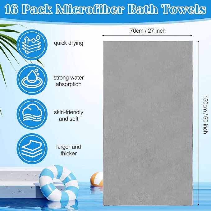 SmoothNovelty 16 Pack Microfiber Bath Towels Bulk 27'' x 60'' Oversized Beach - Image 2