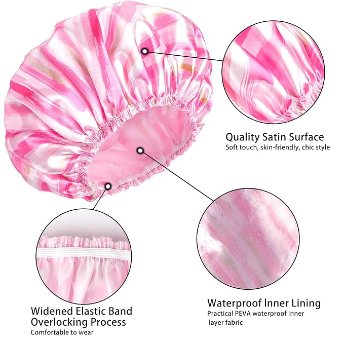 4 PCS Shower Cap for Women, Elastic and Reusable Bath Caps, Double Layers - Image 6