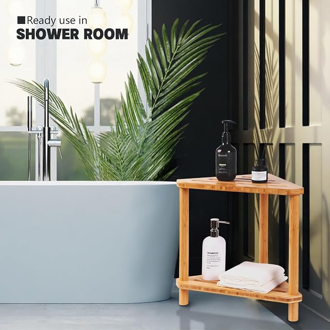 Bamboo 2-Tier Corner Shower Organizer, Waterproof Standing Shower Caddy Storage - Image 5