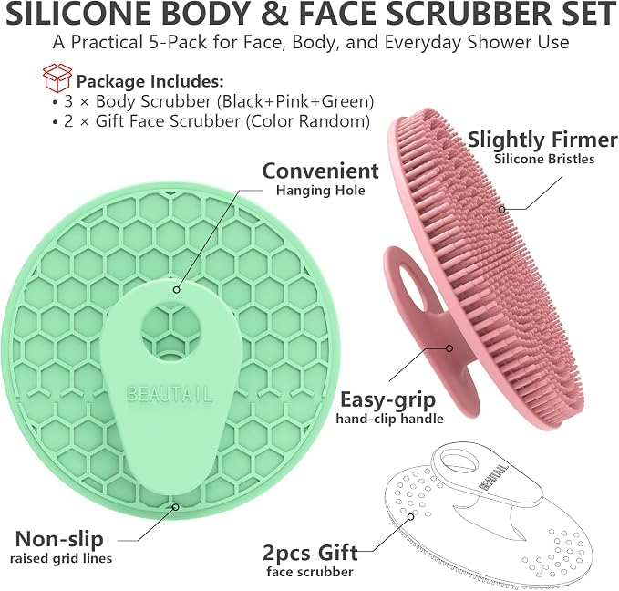 Silicone Body and Face Scrubber Set 5 Pack, BEAUTAIL Shower Bath Scrubber - Image 6