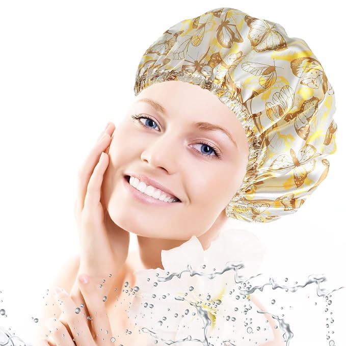 Shower Cap for Women, Double Layers Shower Caps Reusable Waterproof, Bathing - Image 2