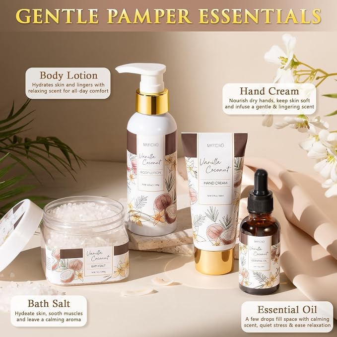 Mothers Day Birthday Gifts for Women, Vanilla Coconut Relaxing Spa Gift Baskets - Image 5