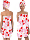Cherry Bath Wrap with Matching Hair Drying Cap – Soft Microfiber Lightweight by QIULIBMH